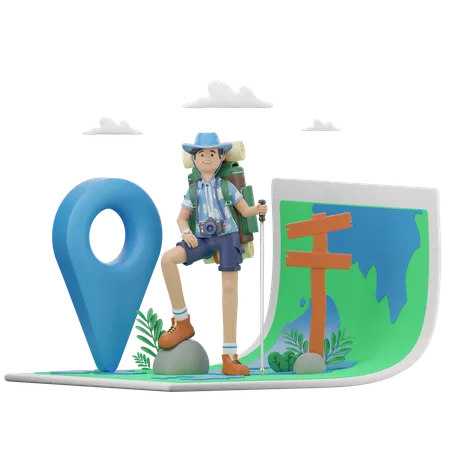 Tourist Is Finding Location On Map  3D Illustration