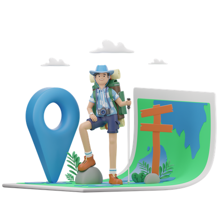 Tourist Is Finding Location On Map  3D Illustration