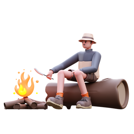 Tourist Man Burning Marshmallows  3D Illustration