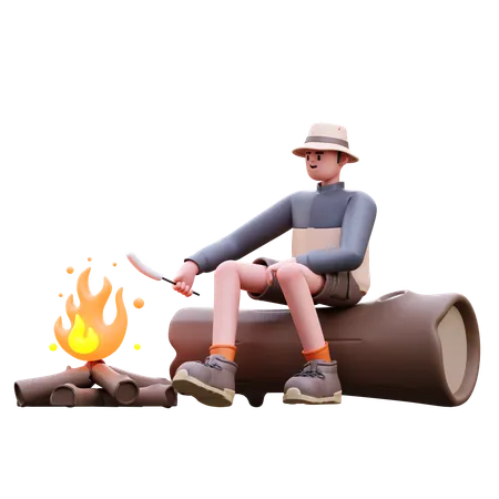 Tourist Man Burning Marshmallows  3D Illustration