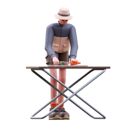 野菜を切る観光客の男性  3D Illustration