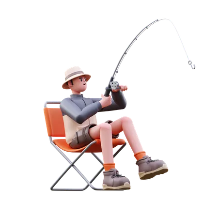 Tourist Man Doing Fishing  3D Illustration