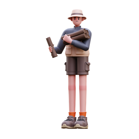 Tourist Man Gather Firewood  3D Illustration