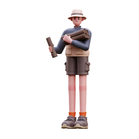 Tourist Man Gather Firewood  3D Illustration