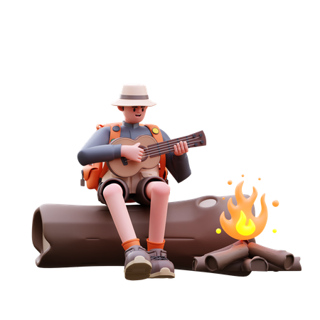 캠프파이어 옆에서 기타를 연주하는 관광 남자  3D Illustration