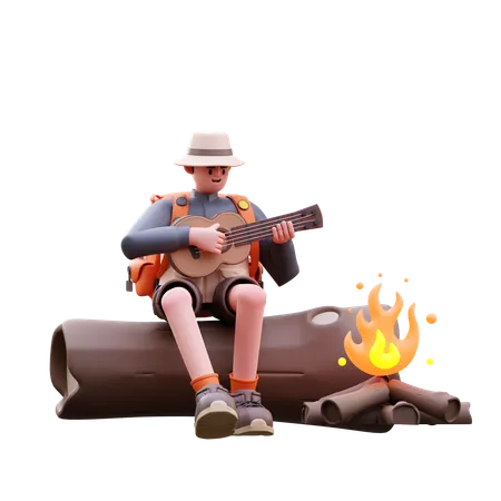 Tourist Man Playing Guitar Beside Campfire  3D Illustration