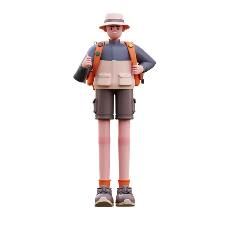 Tourist Man Standing With Backpack  3D Illustration