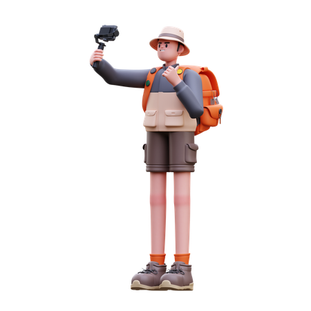 Tourist Man Taking Selfie With Camera  3D Illustration