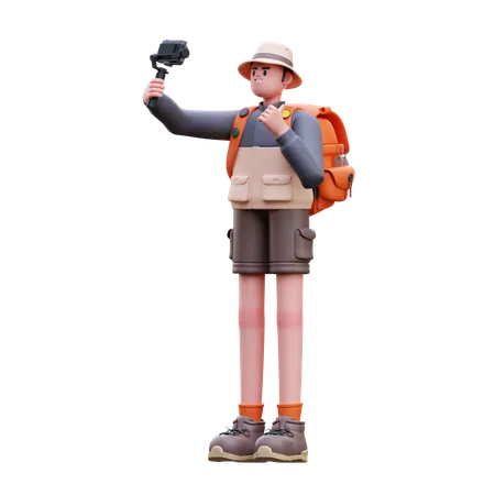 Tourist Man Taking Selfie With Camera  3D Illustration