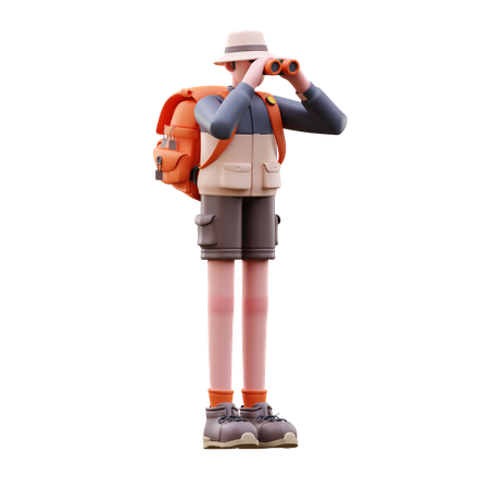 Tourist Man Using Binocular Find Location  3D Illustration