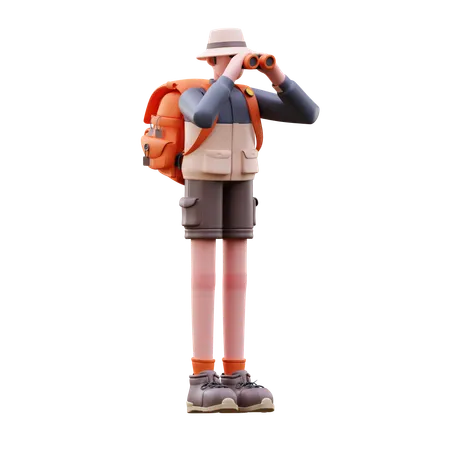 Tourist Man Using Binocular Find Location  3D Illustration