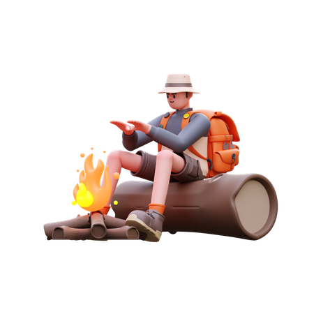 Tourist Man Warms By Campfire  3D Illustration