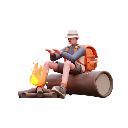 Tourist wärmt sich am Lagerfeuer  3D Illustration