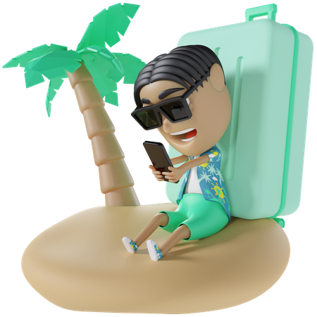 Tourist Using Mobile on beach  3D Illustration