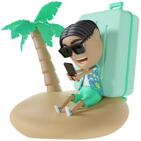 Tourist Using Mobile on beach  3D Illustration