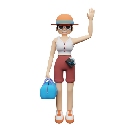 Tourist Waving Hand having luggage in her hand  3D Illustration