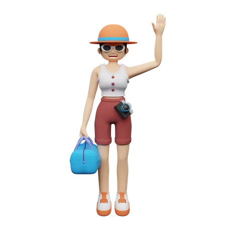 Tourist Waving Hand having luggage in her hand  3D Illustration