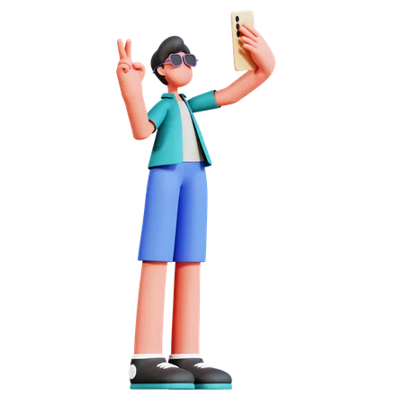 Touriste masculin prenant un selfie mobile  3D Illustration