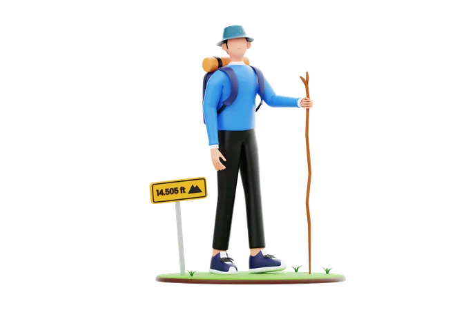 Un touriste masculin part en randonnée en montagne  3D Illustration