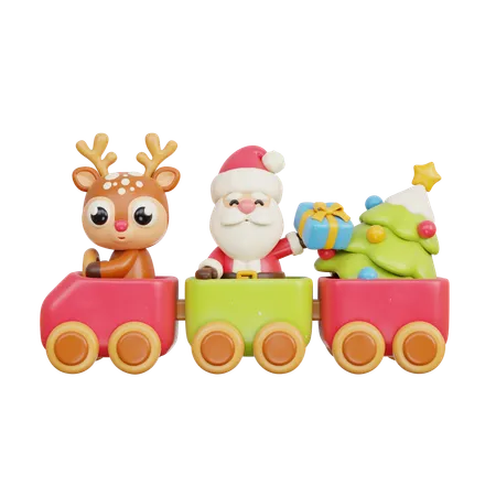 3 D Christmas Toy Train With Reindeer Santa And Gift 3D Icon