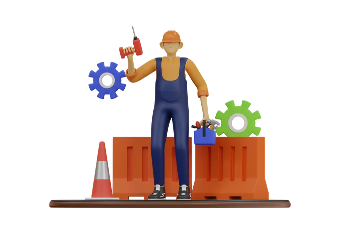 Trabajador con máquina perforadora  3D Illustration