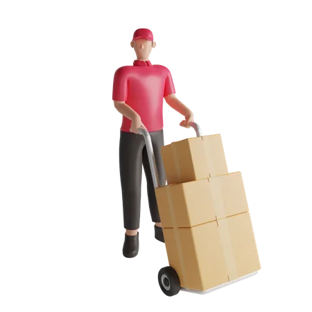 Trabajador de almacén sosteniendo plataforma rodante para paquetes  3D Illustration
