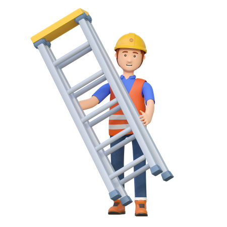 Trabajador de la construcción llevando escalera  3D Illustration