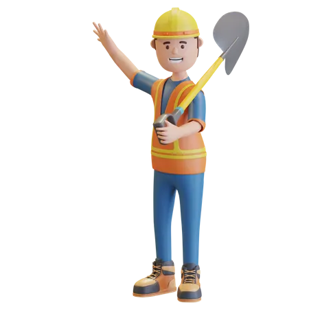 Trabajador De La Construccion Usa Casco De Seguridad Amarillo Y Chaleco Con Pala Ilustracion 3 D 3D Illustration