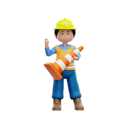 Trabajador de la construcción con cono de tráfico  3D Illustration