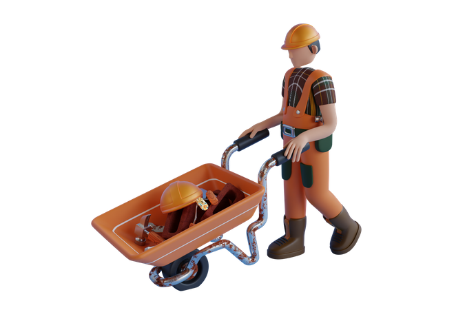 Trabajador de la construcción con una carretilla llena de herramientas  3D Illustration