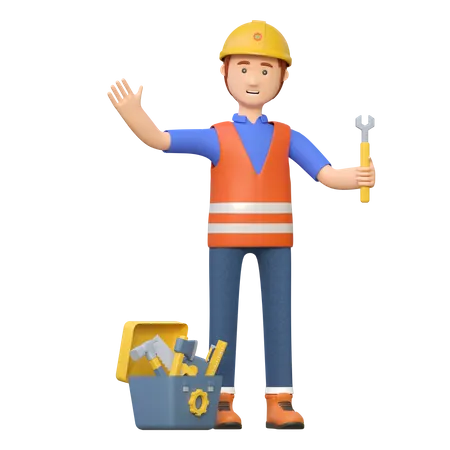 Trabajador de la construcción llevando una llave  3D Illustration