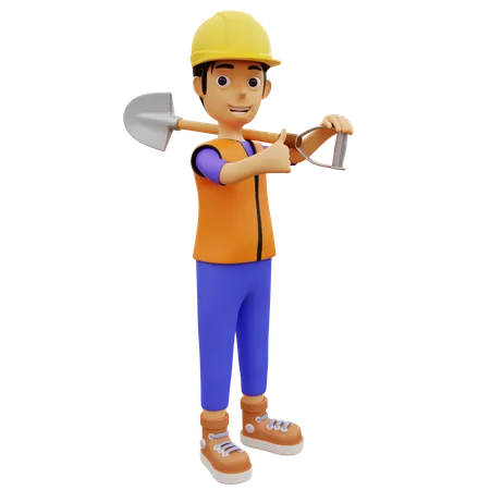 Trabajador de la construcción masculino sosteniendo pala excavadora  3D Illustration