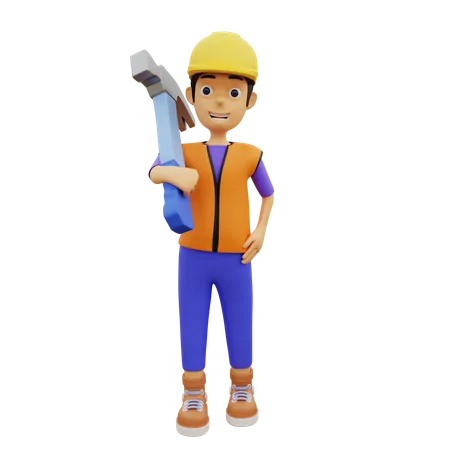 Trabajador de la construcción masculino sosteniendo un martillo  3D Illustration