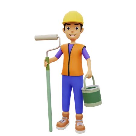 Trabajador de la construcción masculino sosteniendo un cubo y un rodillo de pintura  3D Illustration