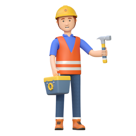 Trabajador de la construcción llevando un martillo  3D Illustration