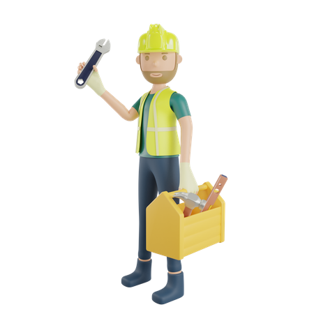 Trabajador de la construcción que lleva una caja de herramientas y una llave de sujeción  3D Icon