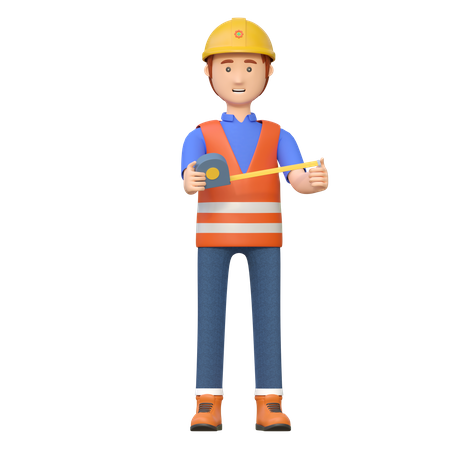 Trabajador de la construcción con herramienta de cinta métrica  3D Illustration