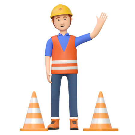Trabajador de la construcción sosteniendo cono de carretera  3D Illustration