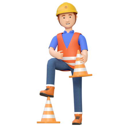 Trabajador de la construcción sosteniendo cono de carretera  3D Illustration