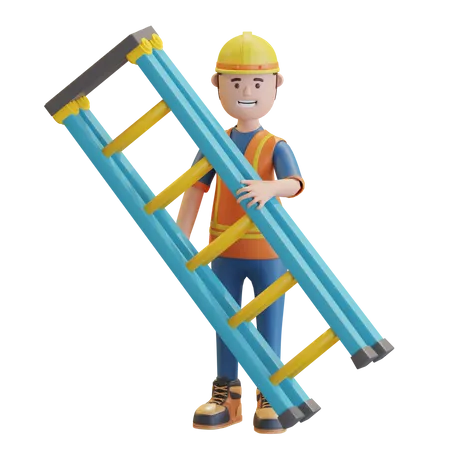 Trabajador de la construcción sosteniendo una escalera  3D Illustration
