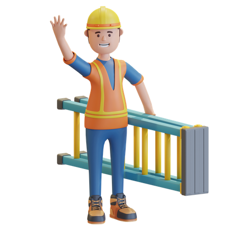 Trabajador de la construcción sosteniendo una escalera  3D Illustration