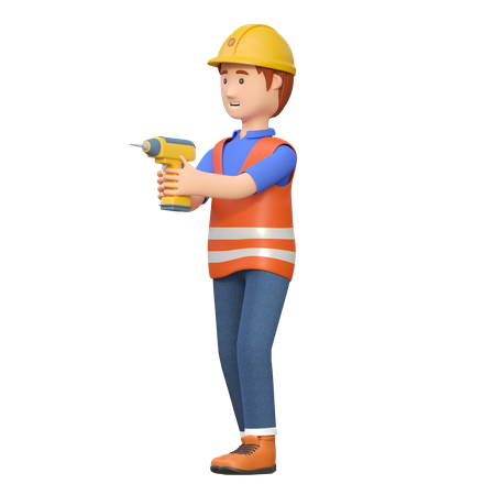 Trabajador de la construcción con taladro eléctrico  3D Illustration