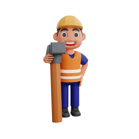 Trabajador de la construcción sosteniendo un martillo  3D Illustration