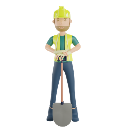 Trabajador de la construcción sosteniendo una pala  3D Illustration