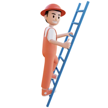 Trabajador de la construcción subiendo una escalera  3D Illustration