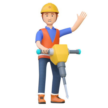 Trabajador de la construcción utilizando taladro martillo neumático  3D Illustration