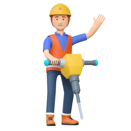 Trabajador de la construcción utilizando taladro martillo neumático  3D Illustration