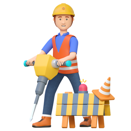 Trabajador de la construcción utilizando taladro martillo neumático  3D Illustration