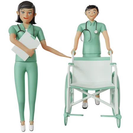 Trabajador de salud señalando silla de ruedas  3D Illustration