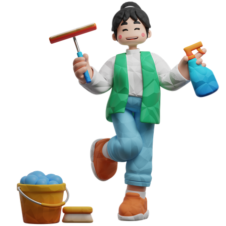 Trabajador de limpieza con equipo de limpieza  3D Icon